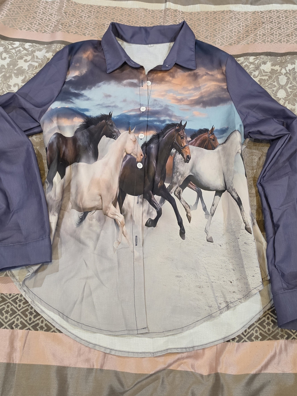 Women's Horse Print Long-Sleeve Button-Up Shirt - Purple/Multicolor